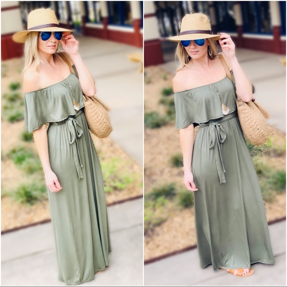 Infinity Raine Dresses & Skirts - MAKING HEADLINES OFF SHOULDER MAXI DRESS-OLIVE